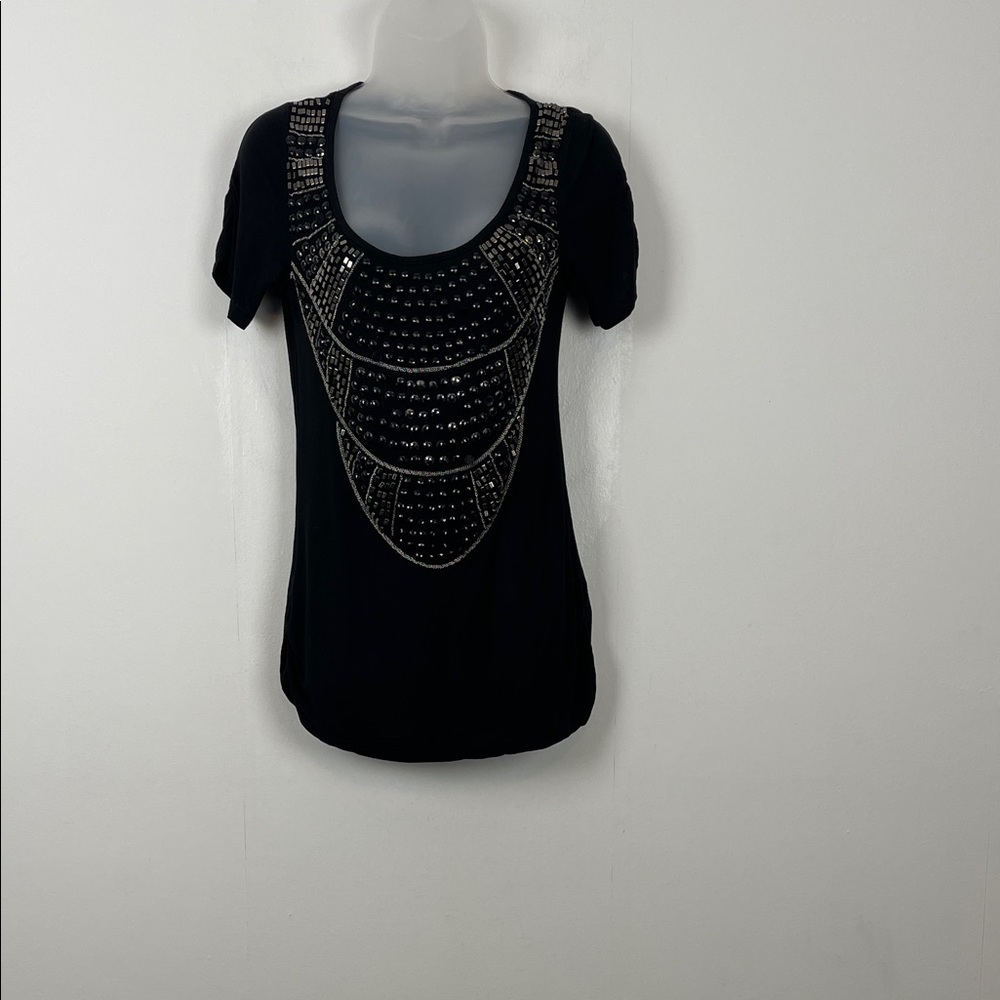 Bebe 2B Short Sleeve Embellished Beads Jersey Women S Ruched Sides Pullover Top